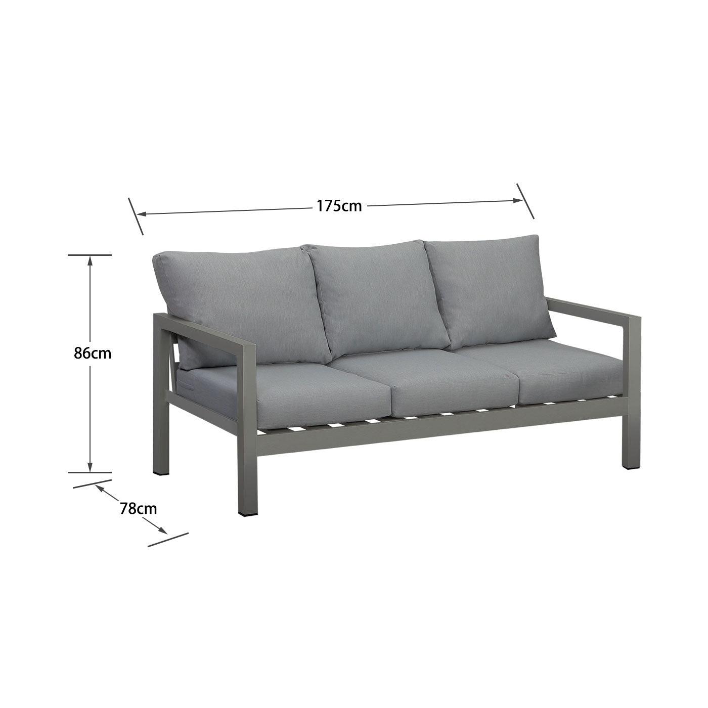 Manly 3 Seater Charcoal Aluminium Outdoor Sofa Lounge with Arms - Grey Cushion - Moda Living