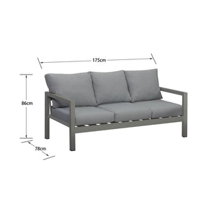 Manly 3 Seater Charcoal Aluminium Outdoor Sofa Lounge with Arms - Grey Cushion - Moda Living