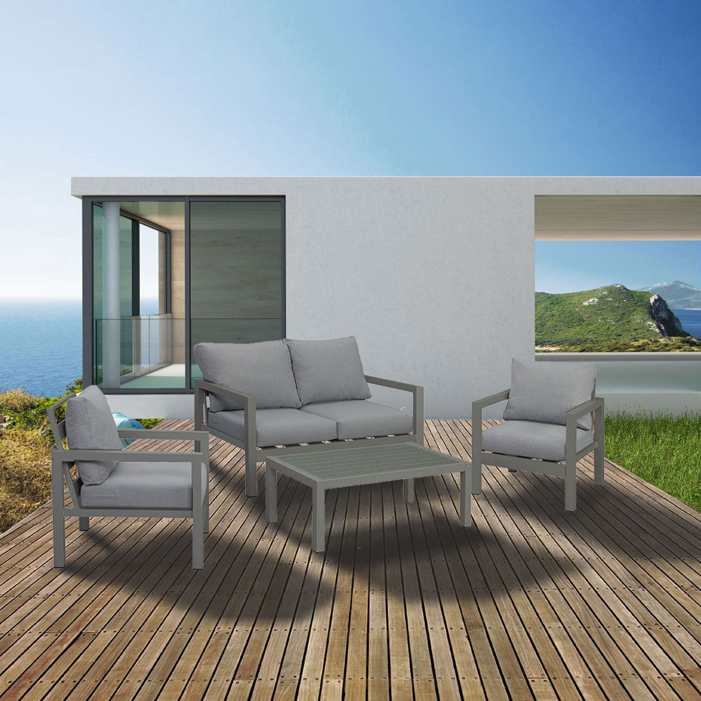 Manly 4 Seater Charcoal Aluminium Sofa Lounge Set - Grey Cushion - Moda Living