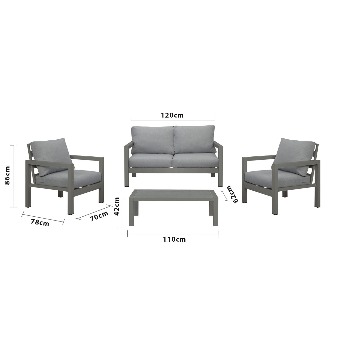 Manly 4 Seater Charcoal Aluminium Sofa Lounge Set - Grey Cushion - Moda Living