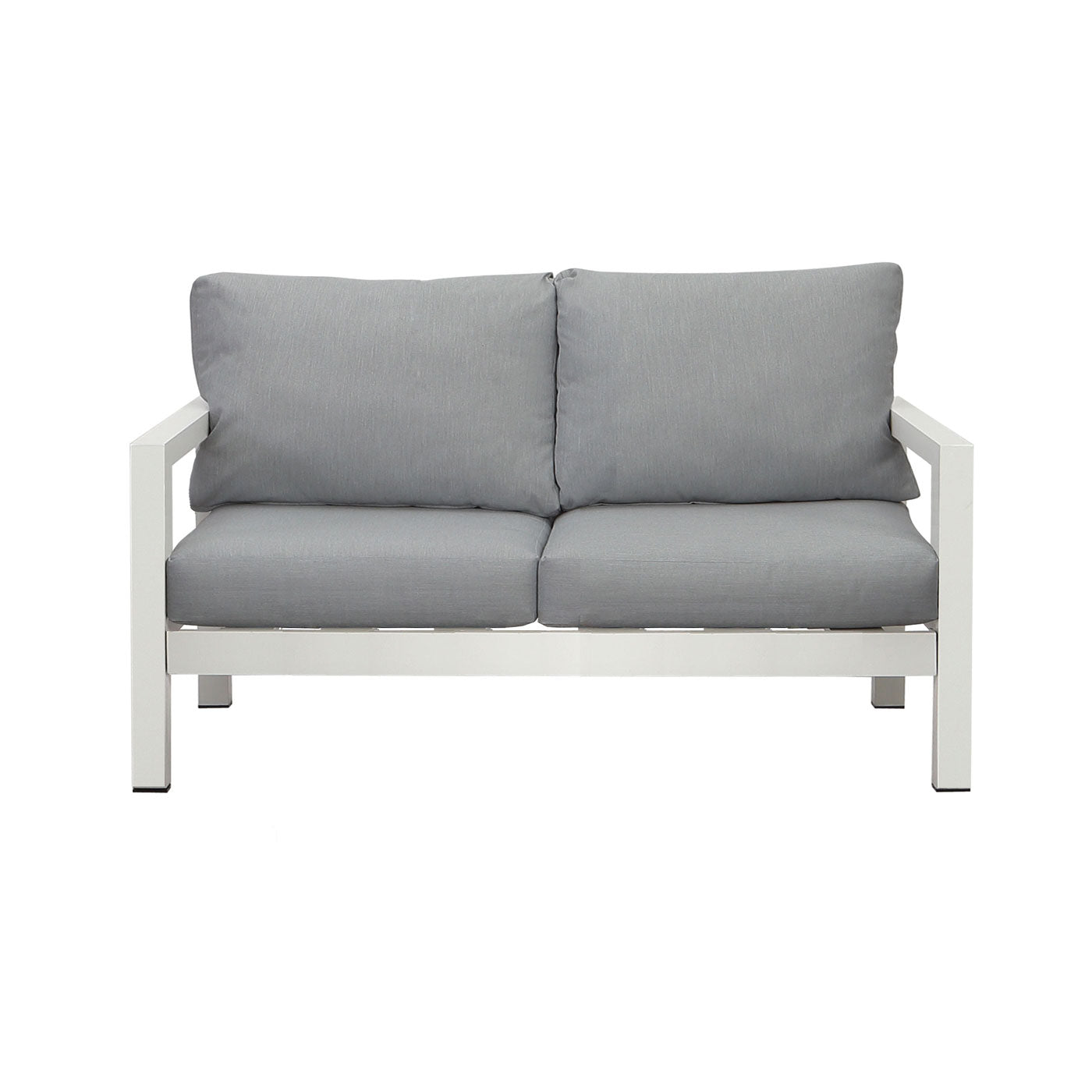 Manly 2 Seater White Aluminium Outdoor Sofa Lounge with Arms - Grey Cushion