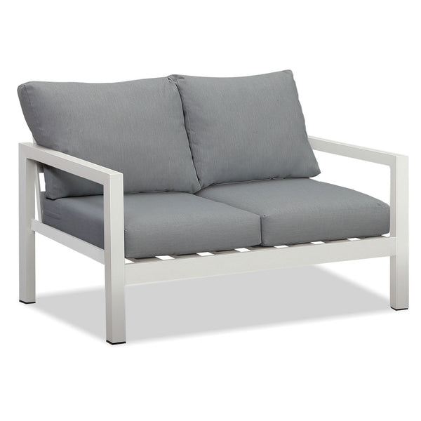 Manly 2 Seater White Aluminium Outdoor Sofa Lounge with Arms - Grey Cushion