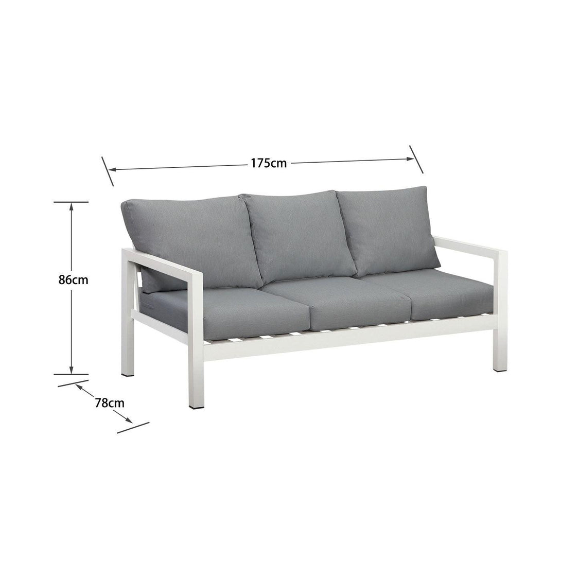 Manly 3 Seater White Aluminium Outdoor Sofa Lounge with Arms - Grey Cushion - Moda Living