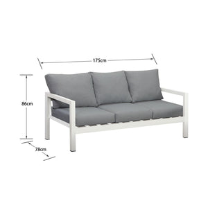 Manly 3 Seater White Aluminium Outdoor Sofa Lounge with Arms - Grey Cushion - Moda Living