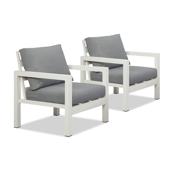 Manly Single Seater White Aluminium Outdoor Sofa Lounge with Arms - Grey Cushion (Set of 2)