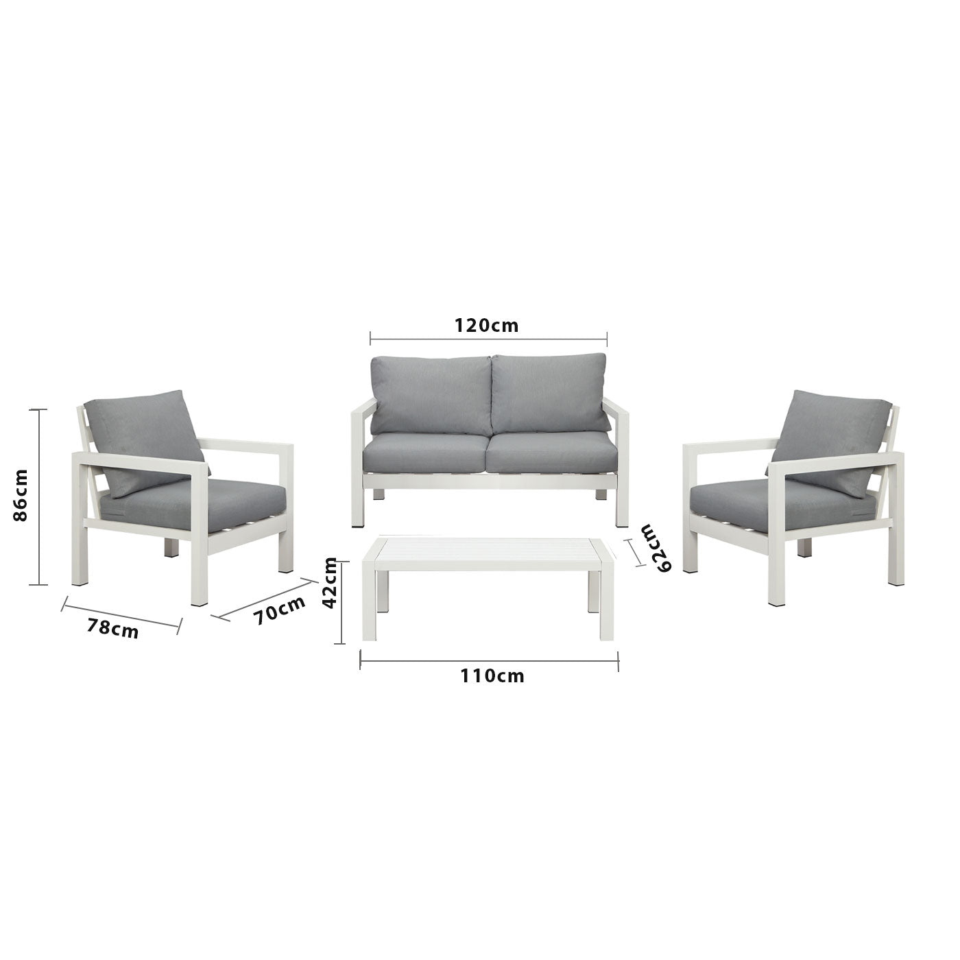 Manly 4 Seater White Aluminium Sofa Lounge Set - Grey Cushion - Moda Living
