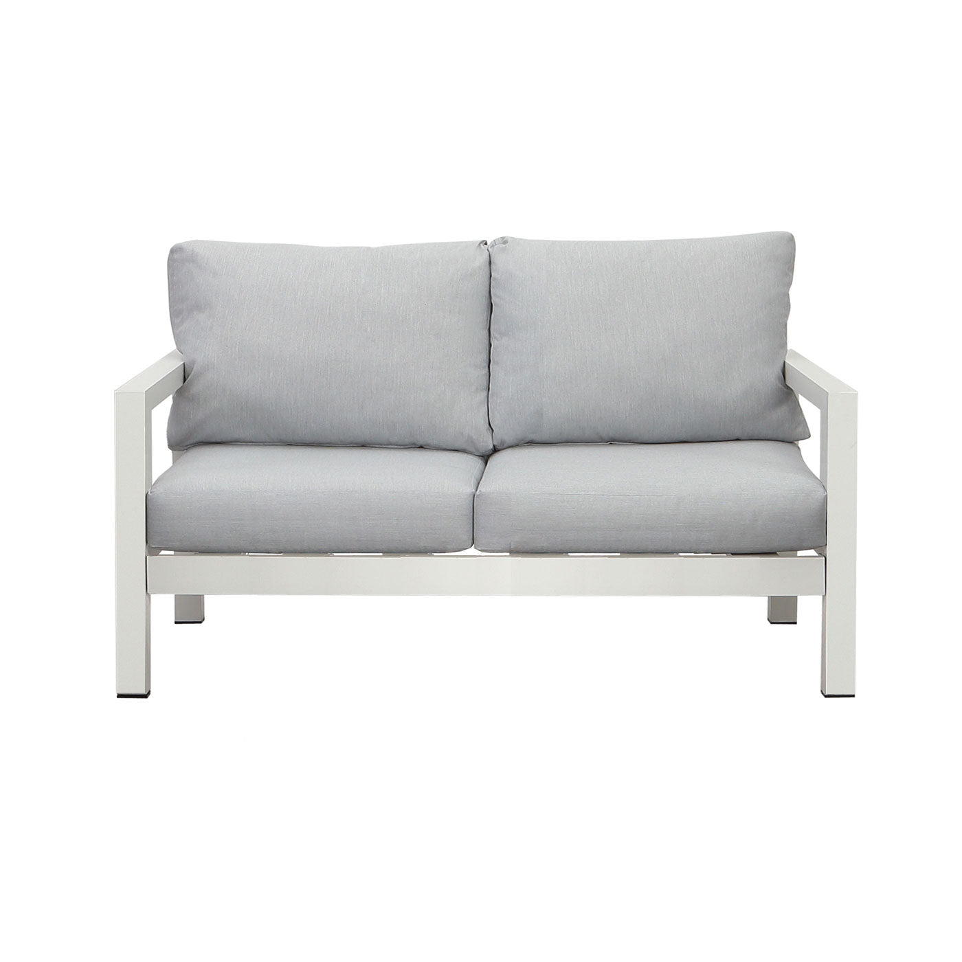 Manly 2 Seater White Aluminium Outdoor Sofa Lounge with Arms - Light Grey Cushion