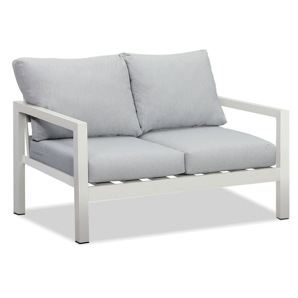 Manly 2 Seater White Aluminium Outdoor Sofa Lounge with Arms - Light Grey Cushion