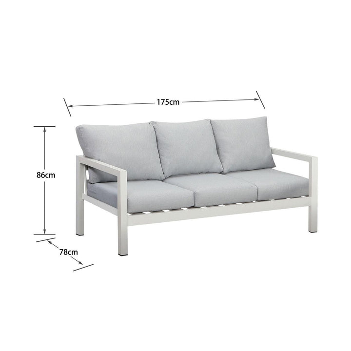 Manly 3 Seater White Aluminium Outdoor Sofa Lounge with Arms - Light Grey Cushion - Moda Living