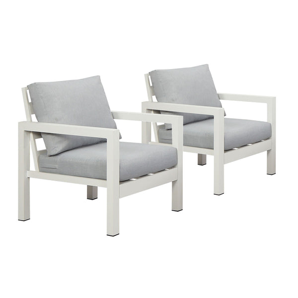 Manly Single Seater White Aluminium Outdoor Sofa Lounge with Arms - Light Grey Cushion (Set of 2)