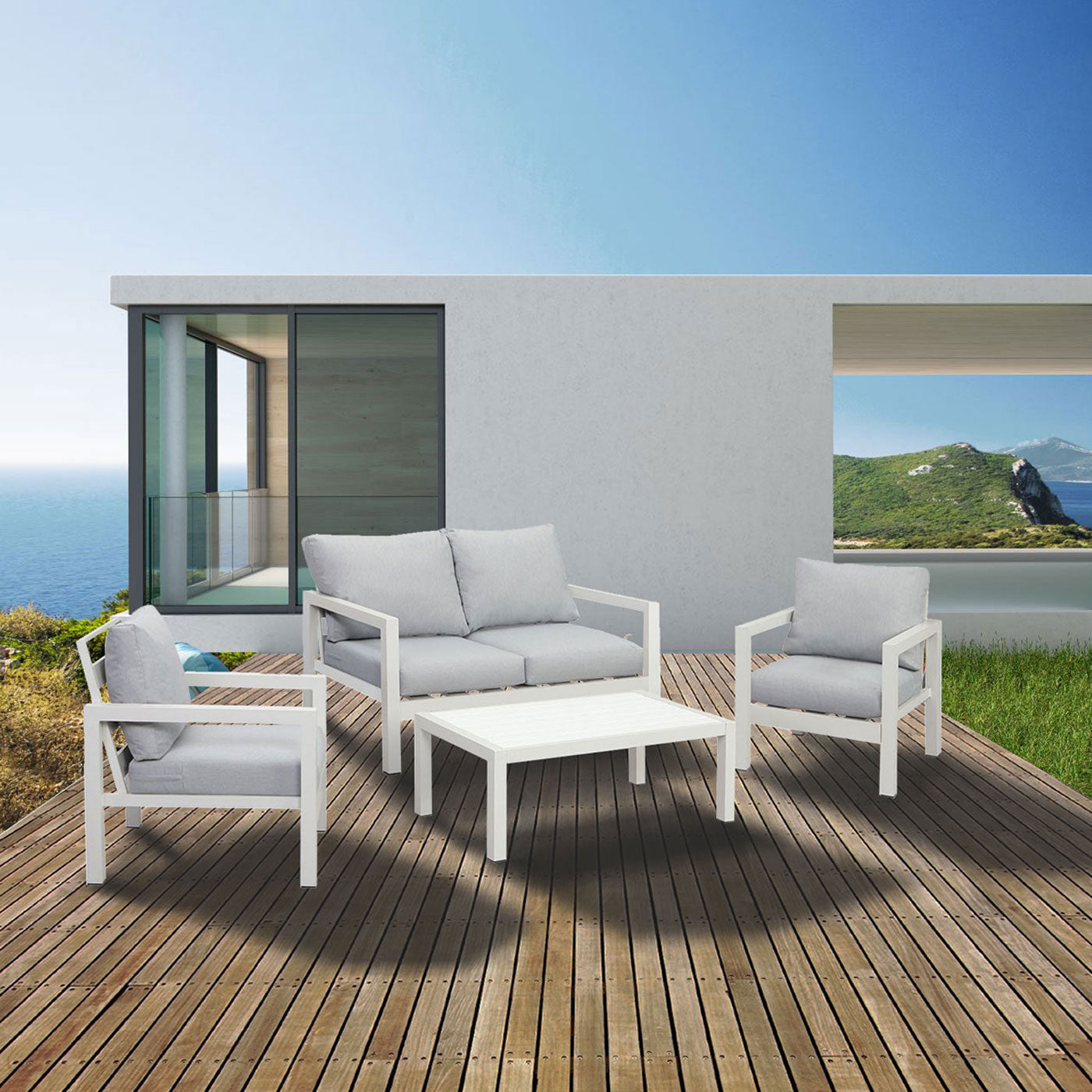 Manly 4 Seater White Aluminium Sofa Lounge Set - Light Grey Cushion - Moda Living