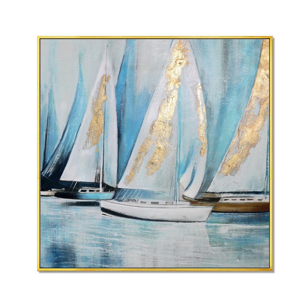 Framed Oil Painting Hand Painted Landscape Modern Canvas - Sailboat (100cm x 100cm) - Moda Living