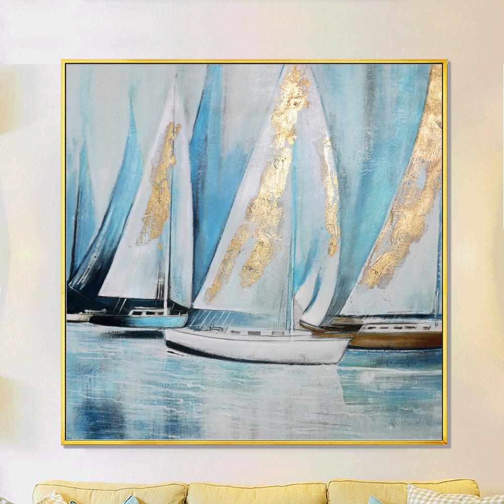 Framed Oil Painting Hand Painted Landscape Modern Canvas - Sailboat (100cm x 100cm) - Moda Living