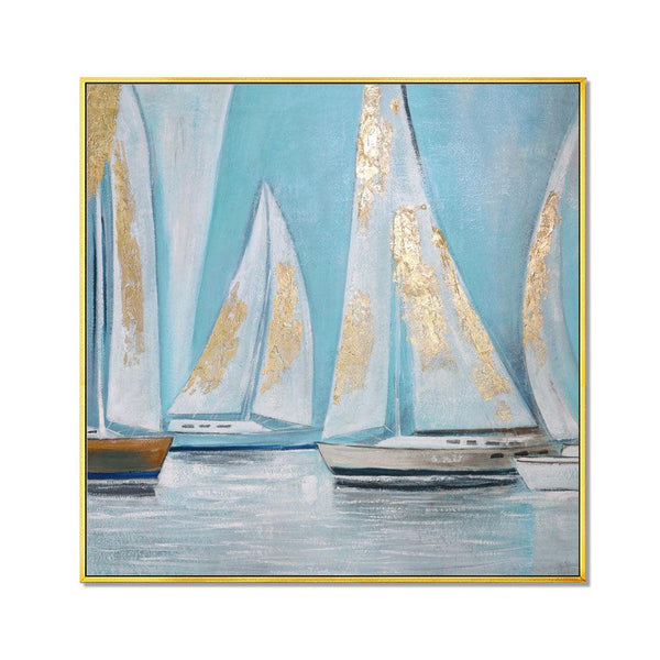 Framed Oil Painting Hand Painted Landscape Modern Canvas - Sailboat (100cm x 100cm) - Moda Living