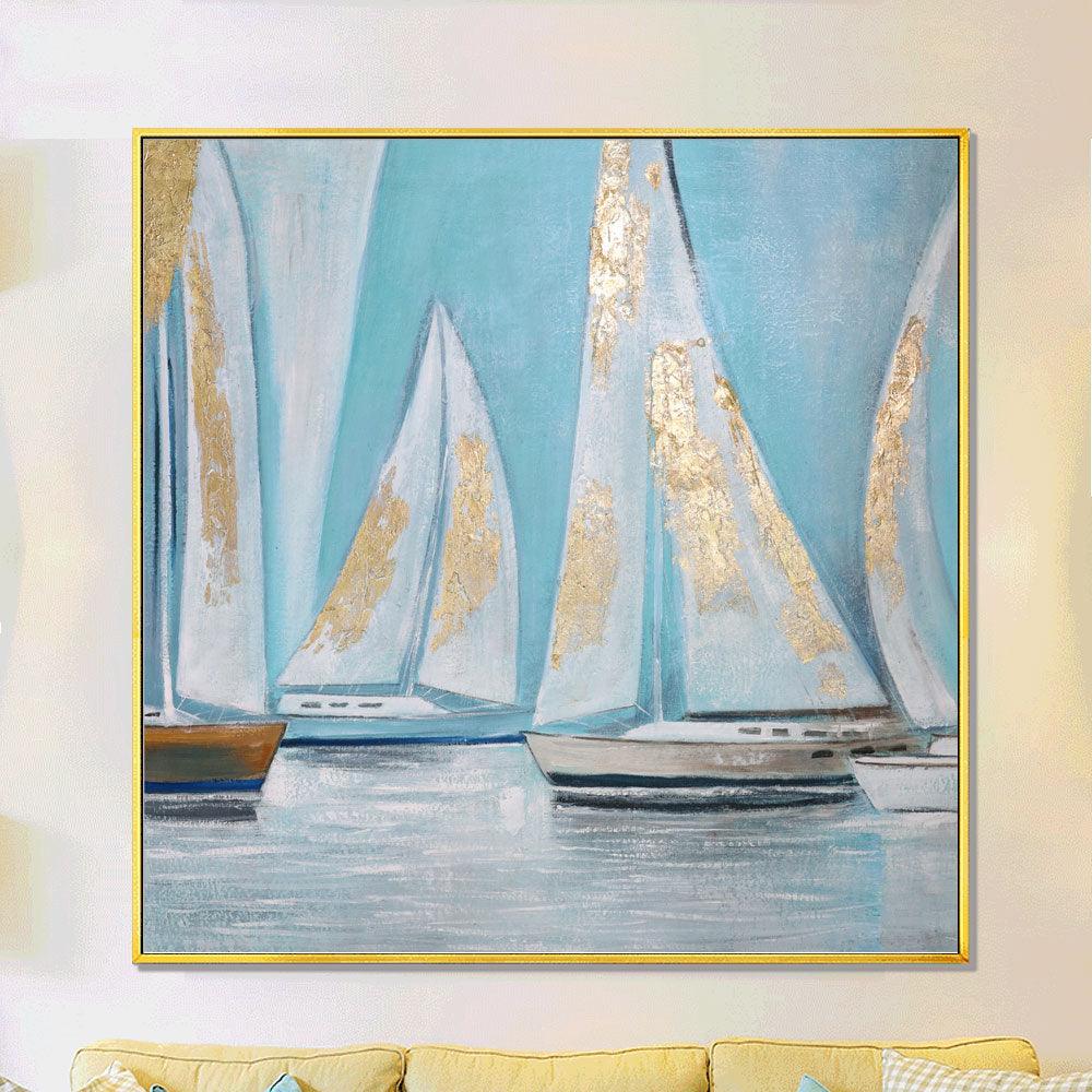 Framed Oil Painting Hand Painted Landscape Modern Canvas - Sailboat (100cm x 100cm) - Moda Living