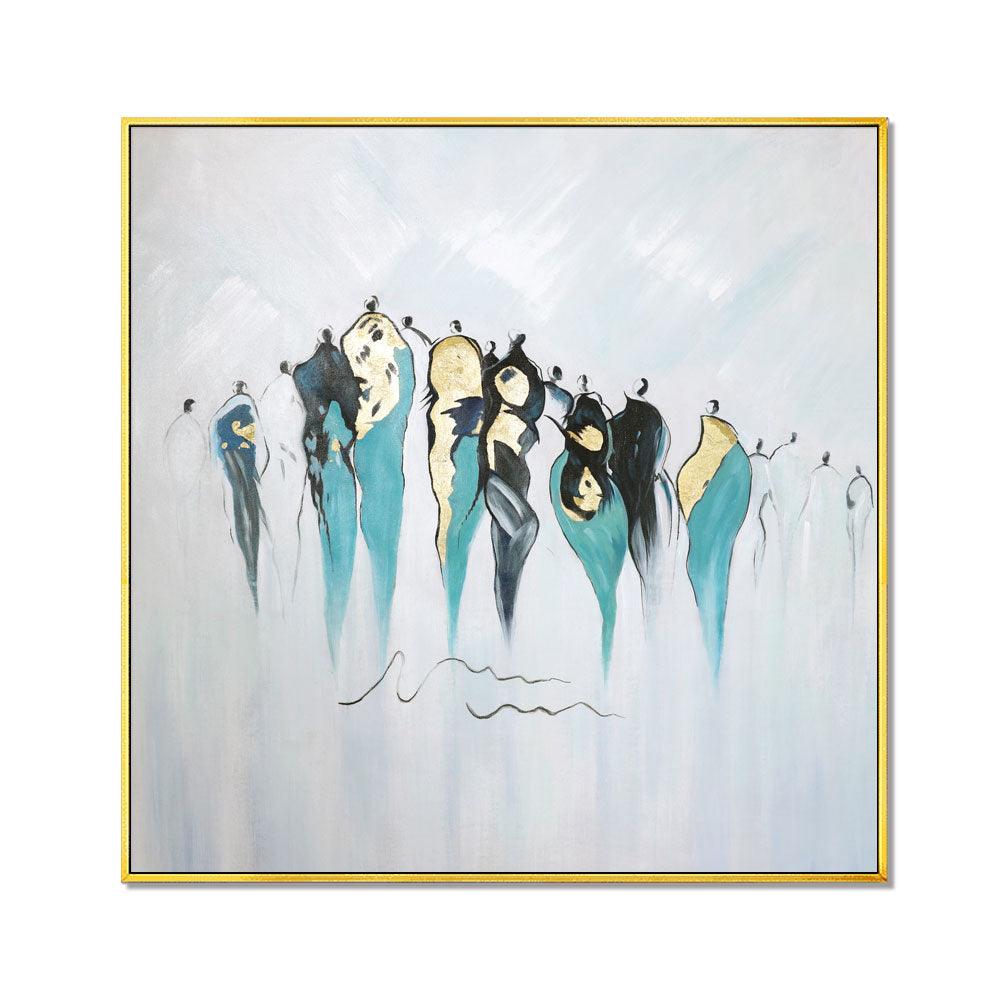 Framed Oil Painting Hand Painted Abstract People Canvas - Crowd  (100cm x 100cm) - Moda Living