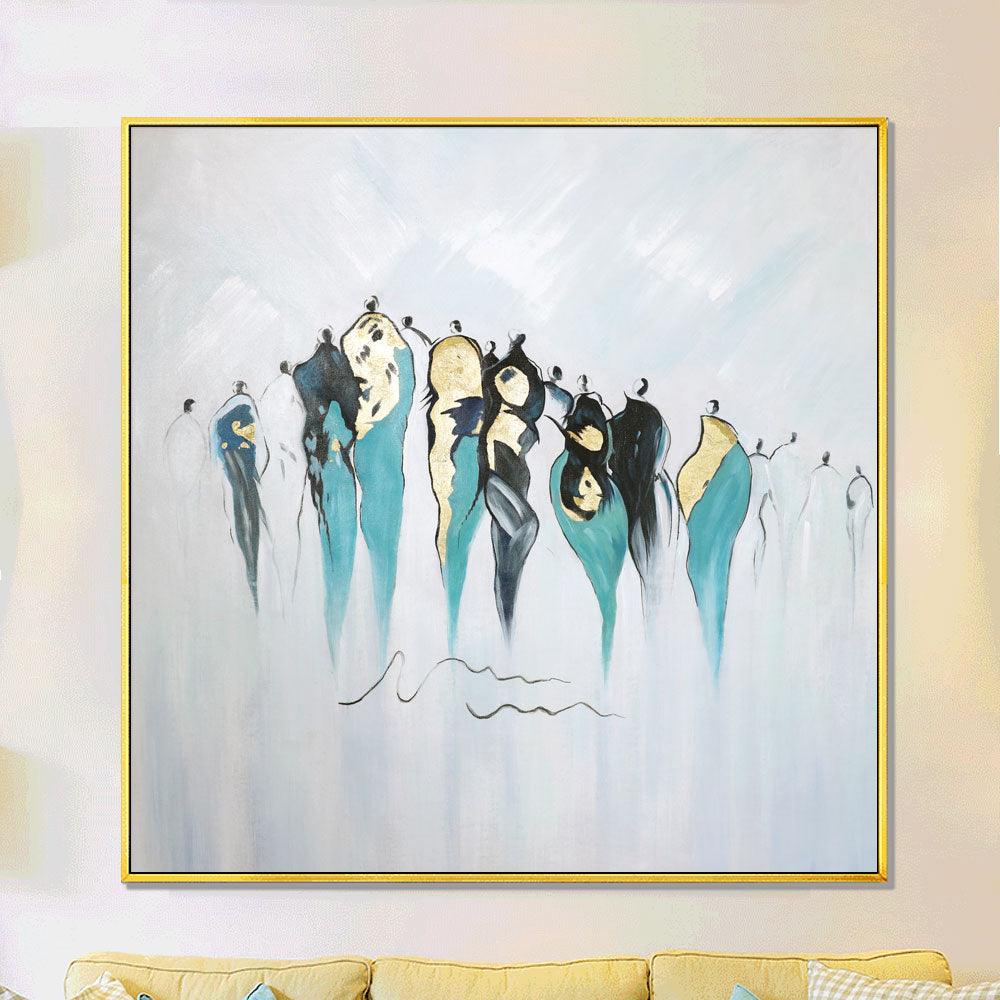 Framed Oil Painting Hand Painted Abstract People Canvas - Crowd  (100cm x 100cm) - Moda Living