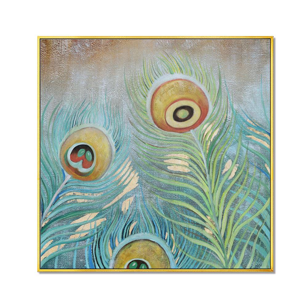 Framed Oil Painting Hand Painted Botanical Abstract Canvas - Peacock (100cm x 100cm) - Moda Living