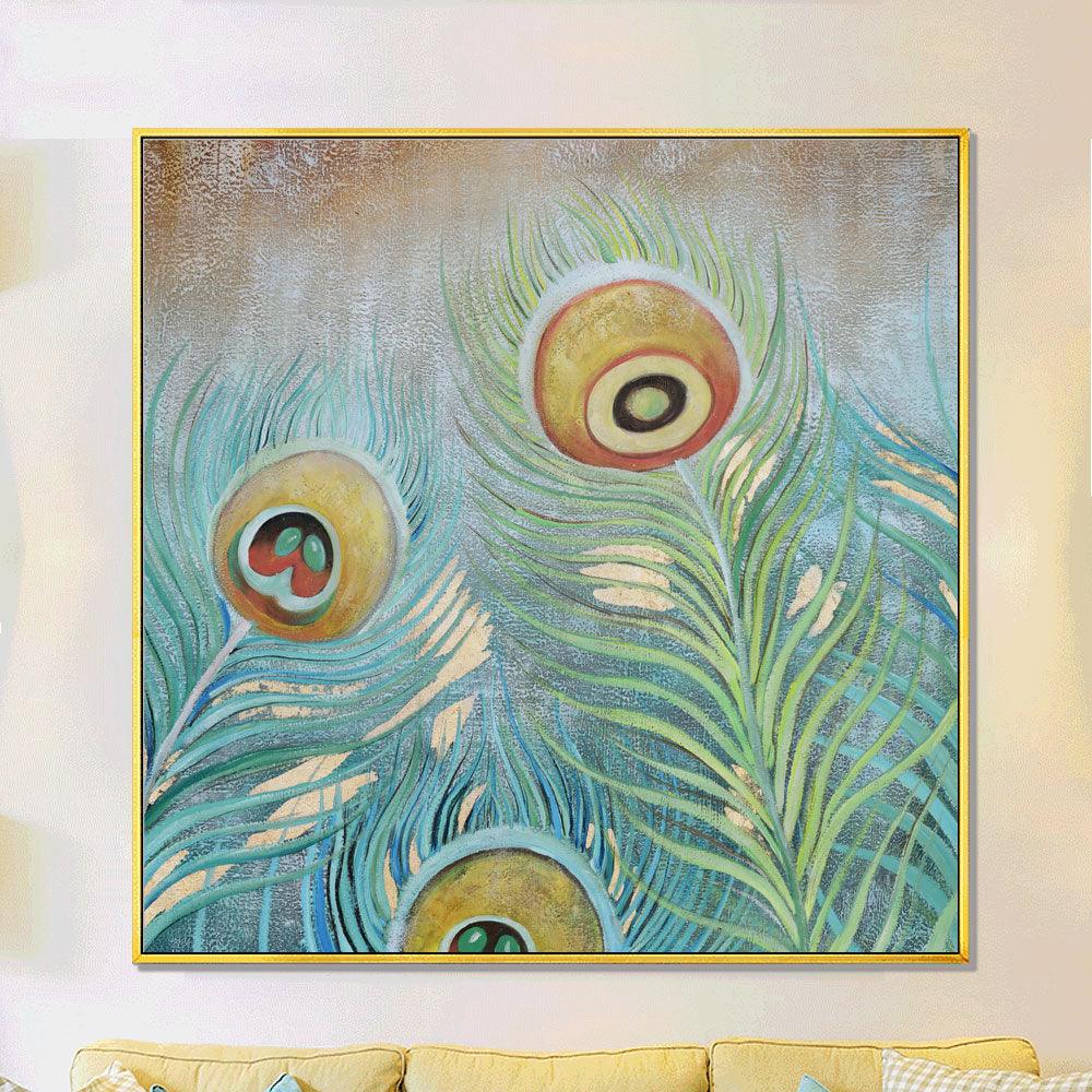 Framed Oil Painting Hand Painted Botanical Abstract Canvas - Peacock (100cm x 100cm) - Moda Living