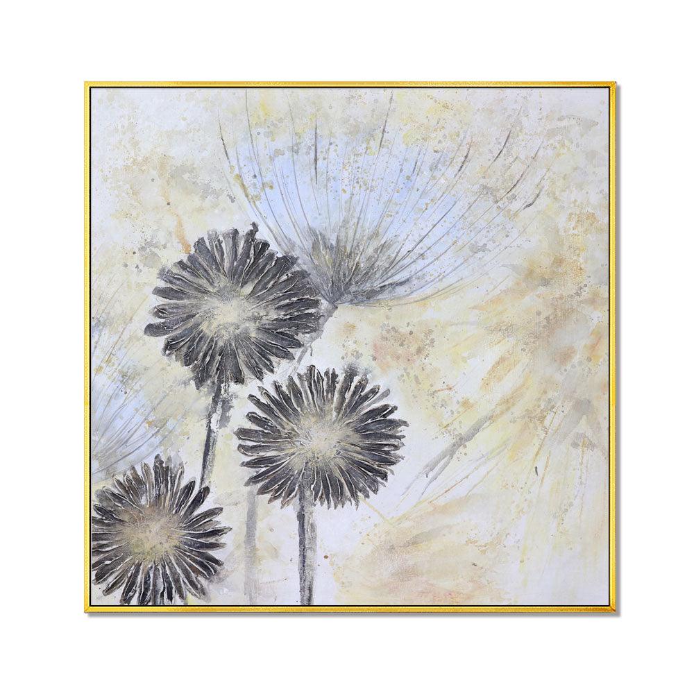 Framed Oil Painting Hand Painted Botanical Abstract Canvas  - Dandelion (100cm x 100cm) - Moda Living