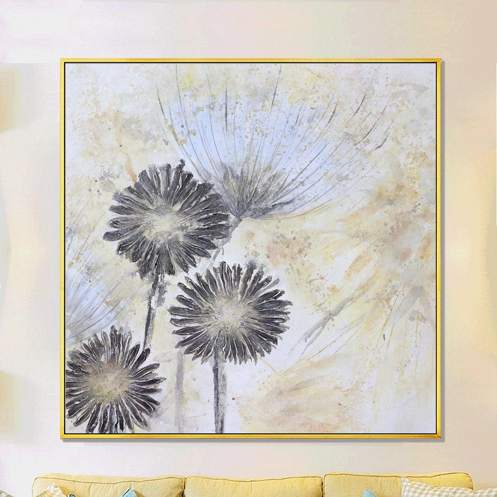 Framed Oil Painting Hand Painted Botanical Abstract Canvas  - Dandelion (100cm x 100cm) - Moda Living