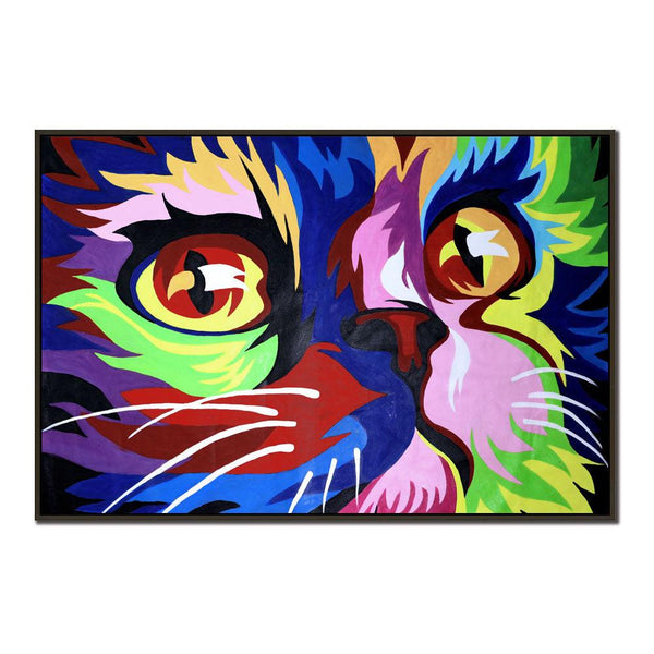 Framed Oil Painting Hand Painted Animals Pop Art Canvas - Meow (120cm x 80cm) - Moda Living