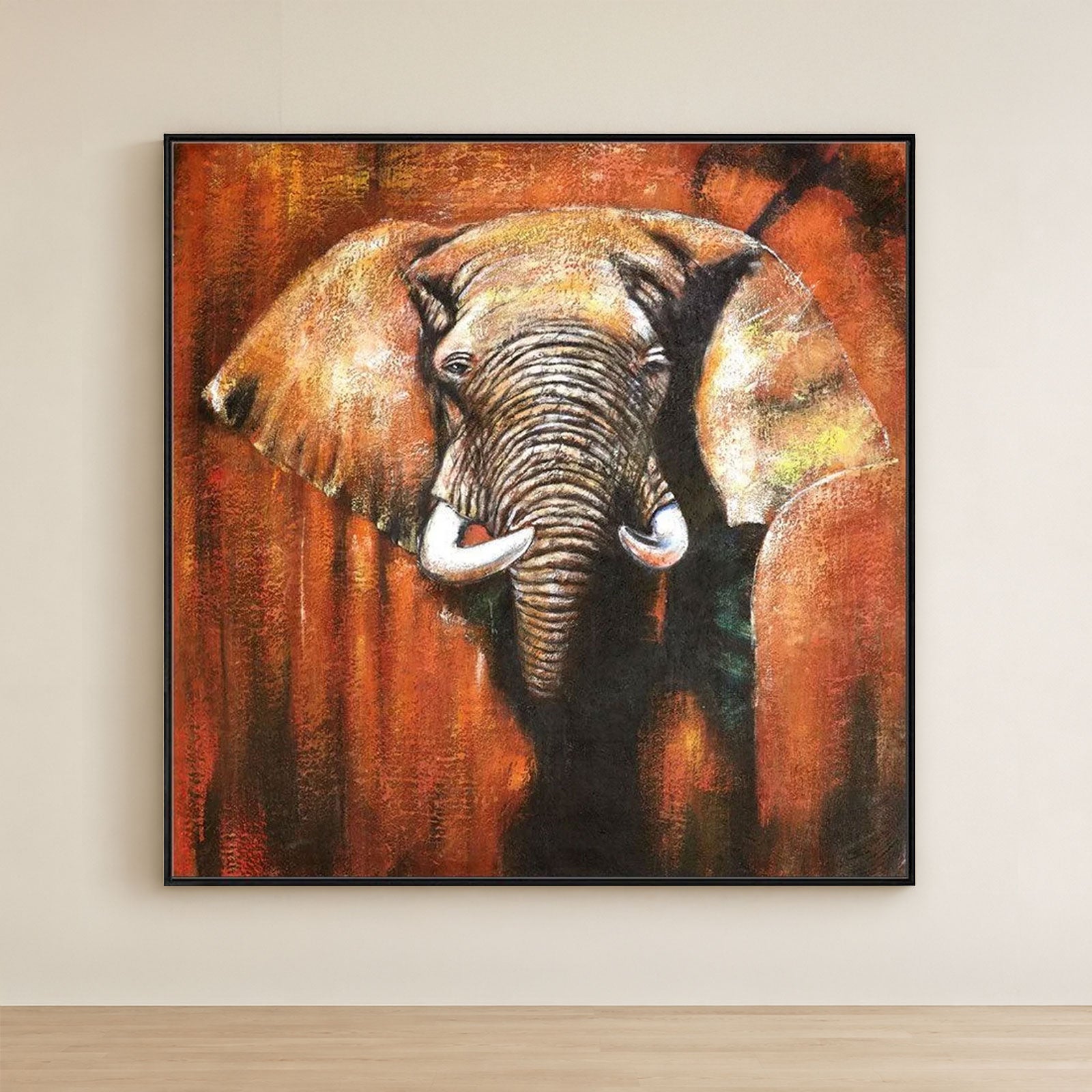 Framed Oil Painting Hand Painted Abstract Animals Canvas - Elephant (100cm x 100cm) - Moda Living