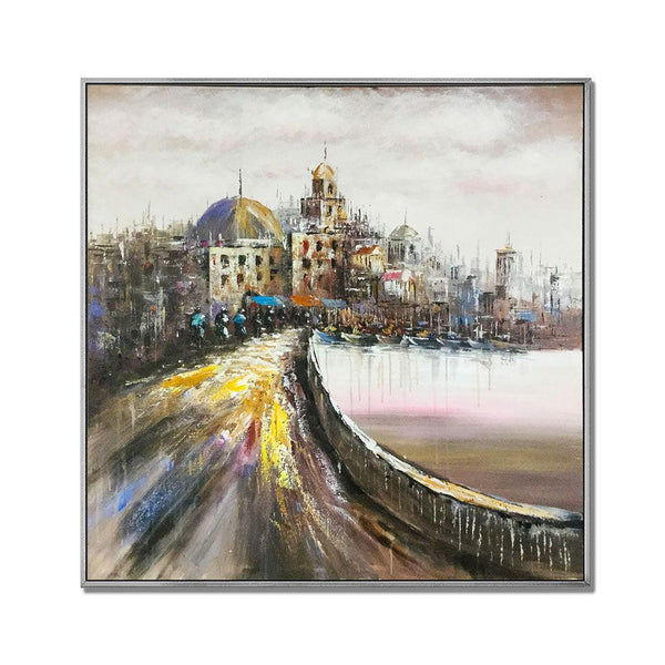 Framed Oil Painting Hand Painted Abstract Landscape Canvas - Port View (101cm x 101cm) - Moda Living