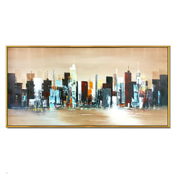 Framed Oil Painting Hand Painted Landscape Modern Canvas - City (152cm x 76cm) - Moda Living