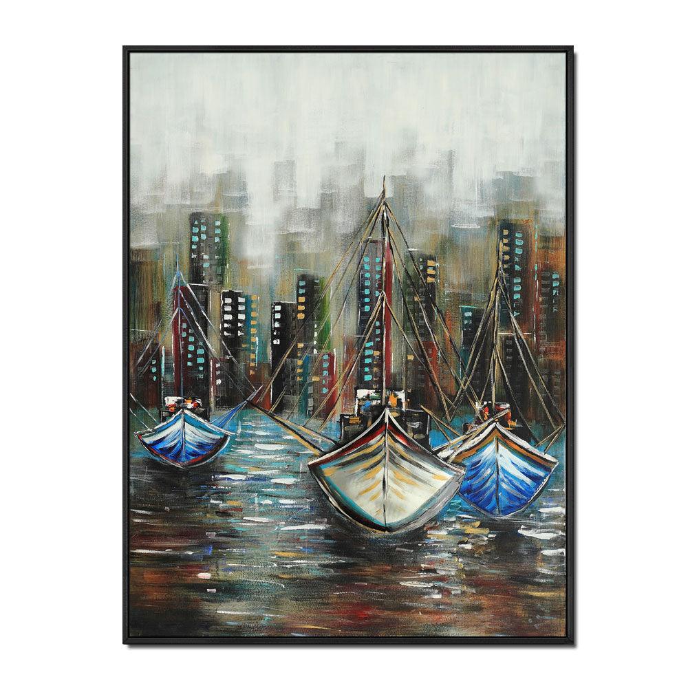 Framed Oil Painting Hand Painted Landscape Modern Canvas - Sailboat (122cm x 91cm) - Moda Living