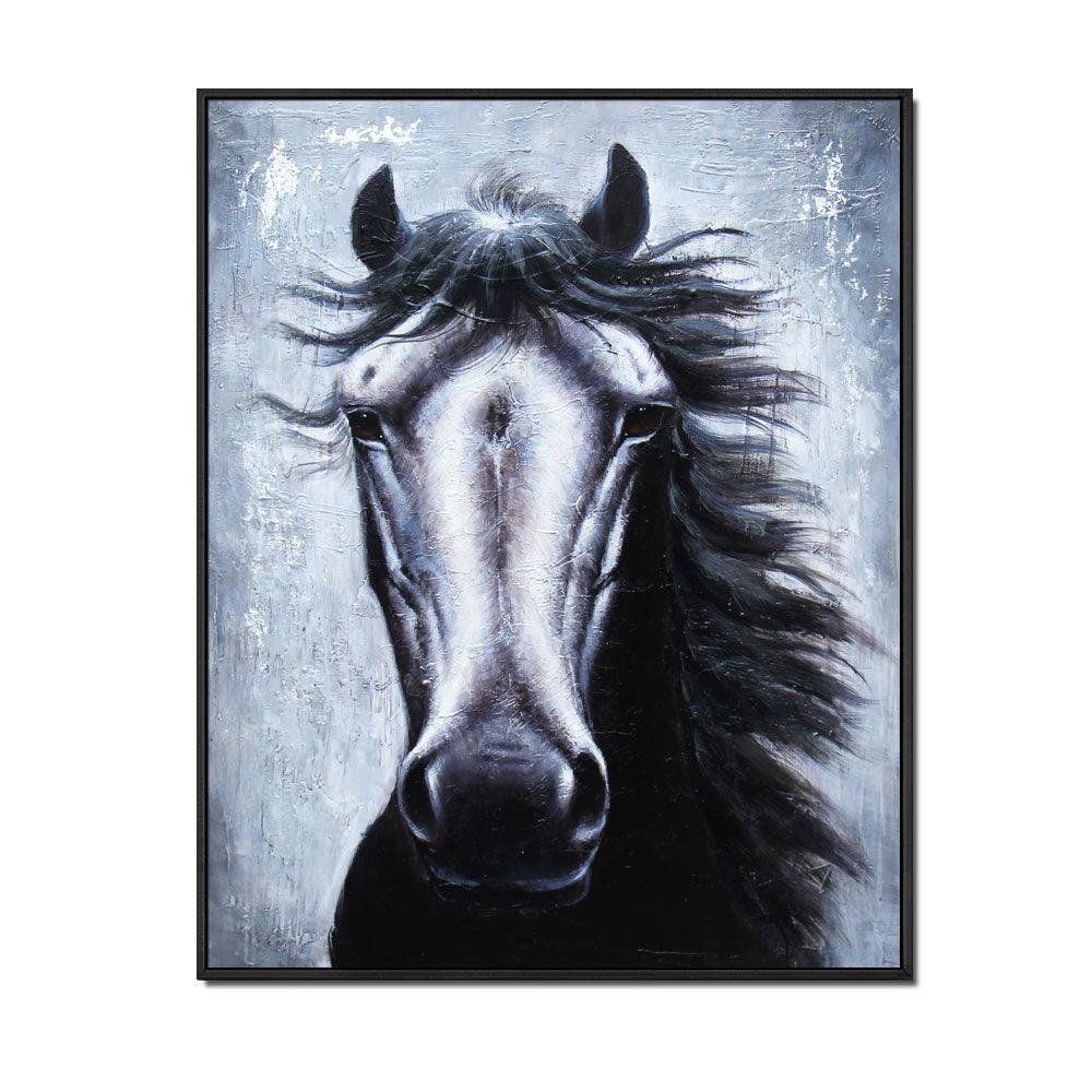 Framed Oil Painting Hand Painted Abstract Animals Canvas - Black Horse (130cm x 99cm) - Moda Living