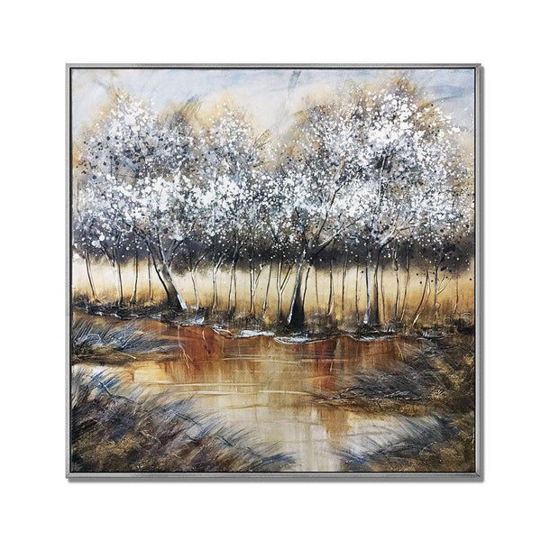 Framed Oil Painting Hand Painted Botanical Abstract Canvas - Trees (101cm x 101cm) - Moda Living