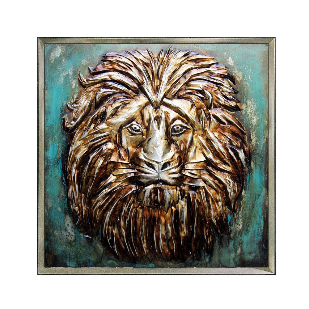 Framed Oil Painting Hand-Painted Abstract Animal 3D Metal Wall Art - Lion (100cm x 100cm) - Moda Living