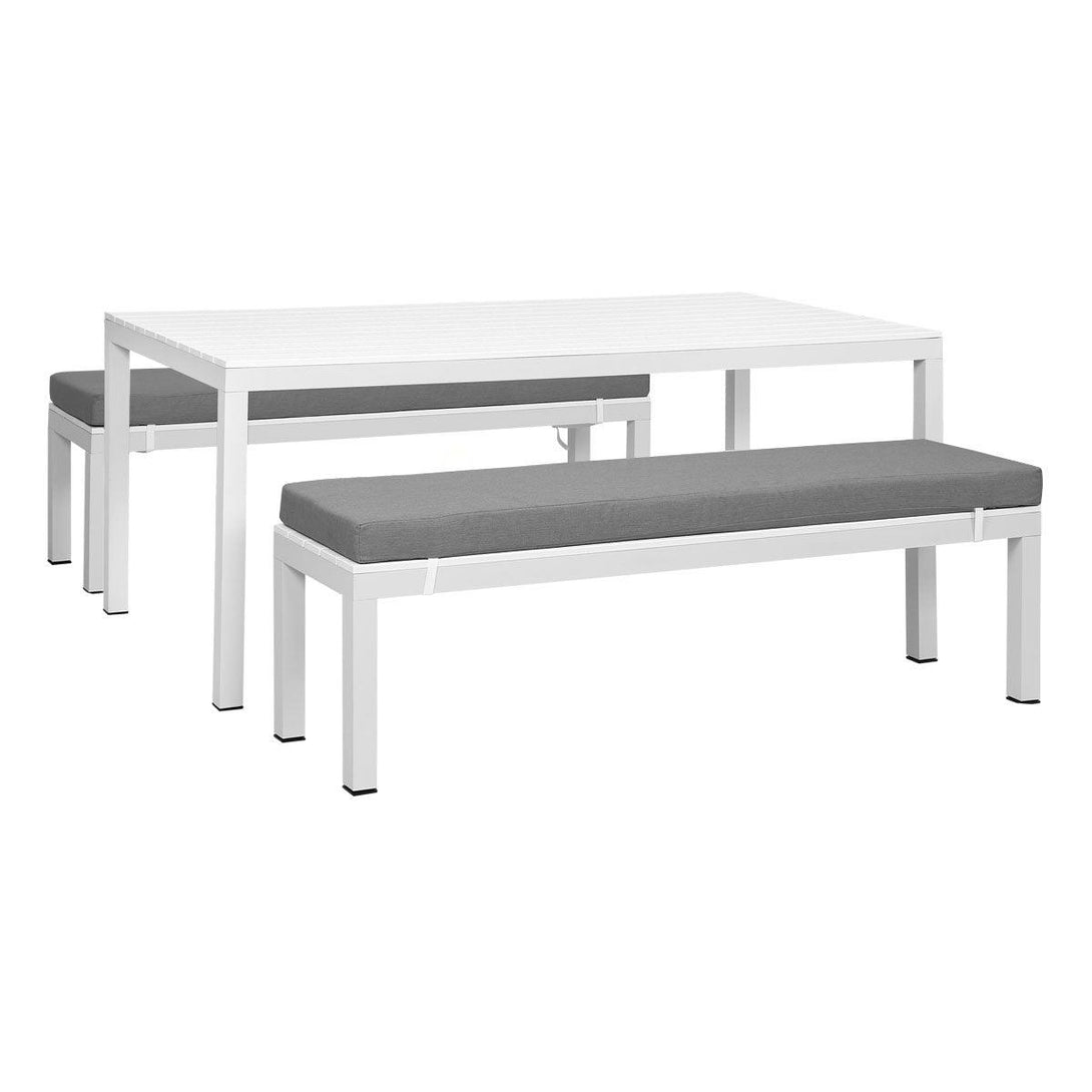 Manly 3 Piece White Aluminium Outdoor Bench Dining Set with Grey Cushion - Moda Living