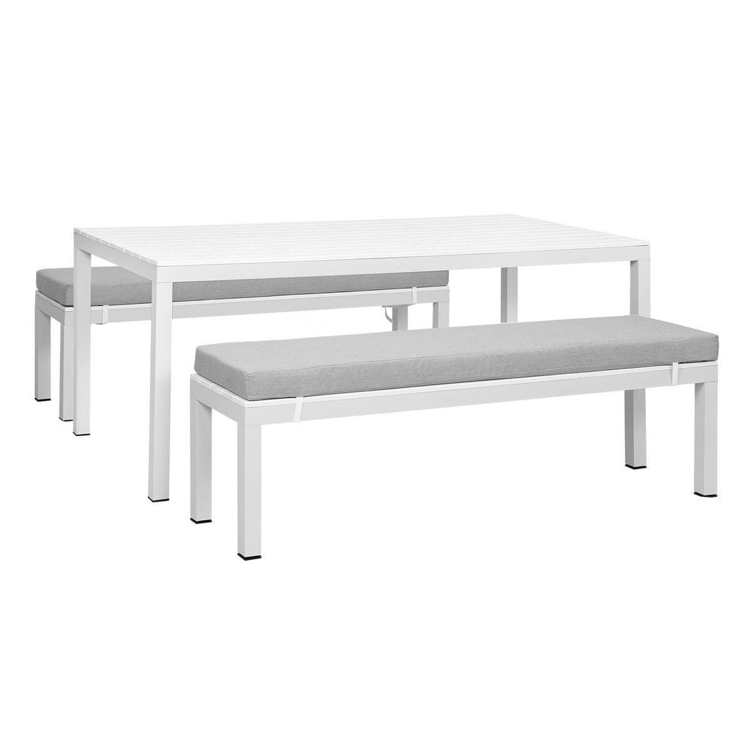 Manly 3 Piece White Aluminium Outdoor Bench Dining Set with Light Grey Cushion - Moda Living