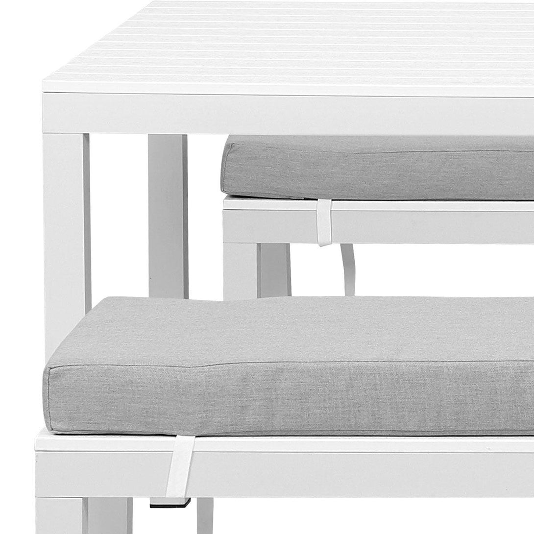 Manly 3 Piece White Aluminium Outdoor Bench Dining Set with Light Grey Cushion - Moda Living