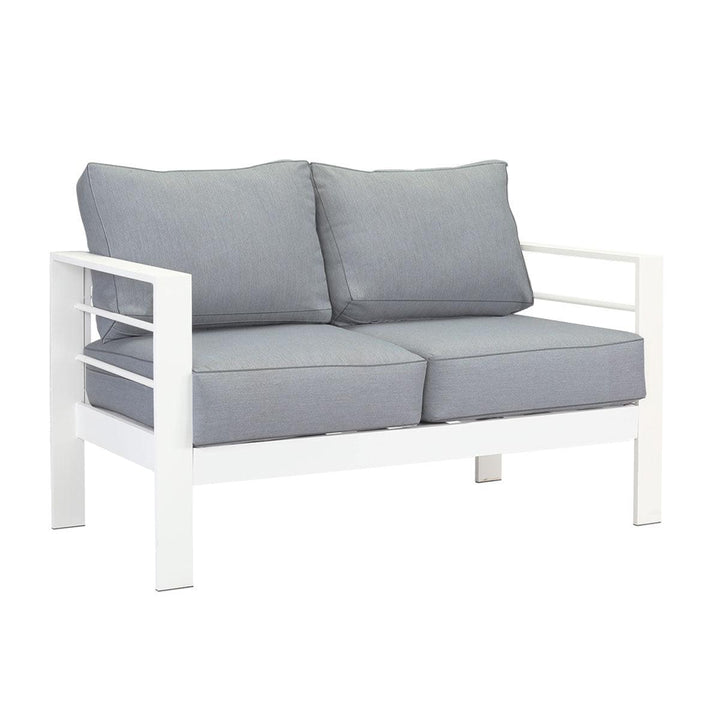 Paris 2 Seater White Aluminium Outdoor Sofa Lounge with Arms - Grey Cushion - Moda Living