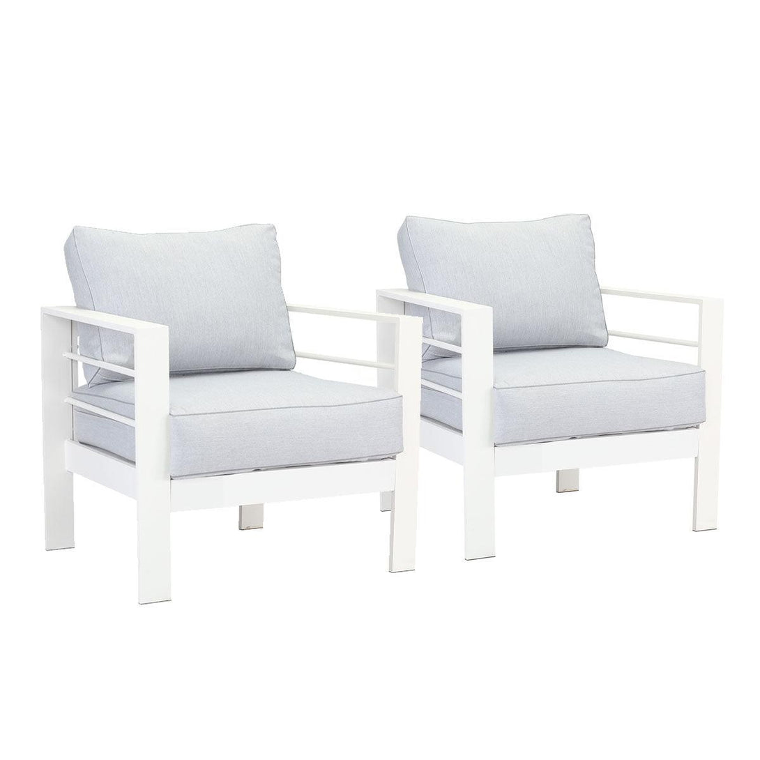 Paris Single Seater White Aluminium Outdoor Sofa Lounge with Arms - Light Grey Cushion (Set of 2) - Moda Living